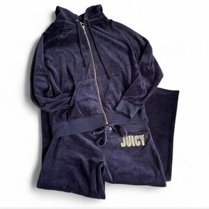 Juicy Couture J Zipper Navy Velour Bedazzled Logo Tracksuit Sweat Set ✨